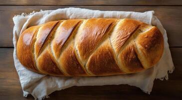 Freshly baked braided bread resting on a cloth in a rustic wooden setting photo