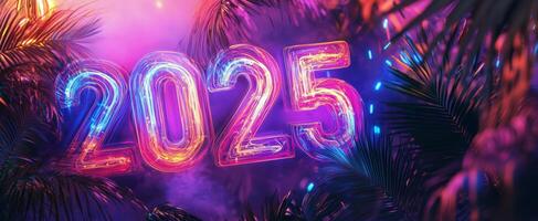 Bright neon 2025 against a dark tropical background with vibrant colors and palm leaves photo