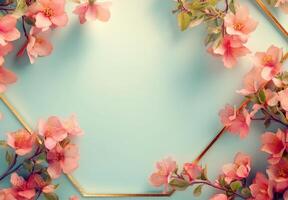 Elegant floral arrangement with golden frame on soft pink background in a modern design setting photo