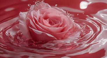 A pink rose floats gracefully in vibrant red water, creating a serene and delicate ambiance photo
