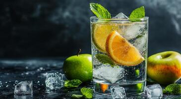 Refreshing citrus and apple cocktail with ice and mint on a dark background photo