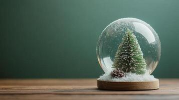 A snow globe featuring a decorated Christmas tree illuminated by soft lights in a winter setting photo