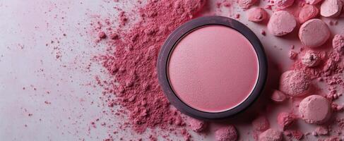 Soft pink blush powder surrounded by colorful makeup pigments on a light surface photo