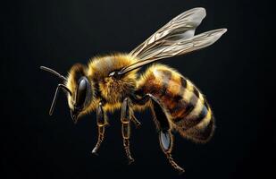 Close-up view of a bee showcasing intricate details of its wings and body structure in natural light photo
