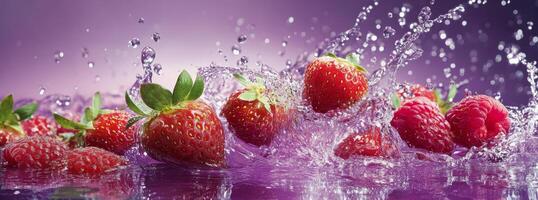 Fresh strawberries and raspberries splash into water creating playful droplets in vibrant light photo