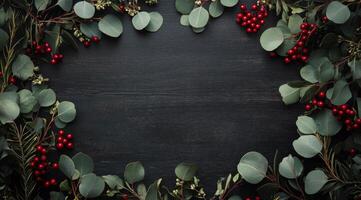 Green eucalyptus leaves and red berries arranged on a dark wooden surface for decoration photo