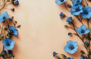 Delicate blue flowers arranged elegantly on a soft peach background for a floral composition photo