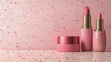 Pink cosmetic products creatively arranged against a textured pink backdrop with sparkling details photo