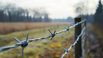 Barbed wire fence along a rural field at dusk with gentle sunlight illuminating the landscape photo