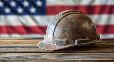 Rustic hard hat resting on wooden surface with American flag backdrop in a construction setting photo