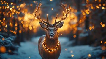 A deer adorned with lights stands amidst a glowing winter forest at dusk photo