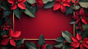 Festive holiday floral decoration with poinsettias and holly leaves on gold background photo