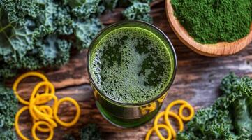 Fresh green smoothie with kale and spices on a rustic wooden table photo