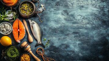 Fishing gear arranged on a textured blue surface with reels and rods prepared for the day photo