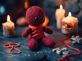 Handmade red doll surrounded by candles and decorative elements in a dimly lit setting photo