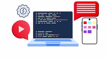 concept of software application development. mobile app interface design, coding and programming for webpage backend. 2d animation on white background. video