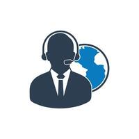 Customer Service Operator Icon. With Man, Headphone and Globe Symbols. Editable Flat Illustration. vector
