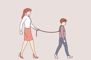 Problem of hyperprotection and lack of freedom for child, due to mother tying son during walk vector