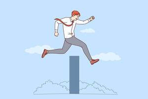Ambitious business man overcomes obstacle on path to success by jumping over high wall vector