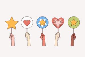 People hold up rating signs with hearts and stars, symbolizing support and approval for company vector