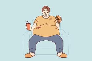 Fat man suffers from obesity caused by problem of overeating, sitting on sofa with burger and soda vector