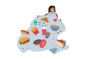 Problem of gluttony and overeating in woman, addicted to junk food and soda that destroys health vector
