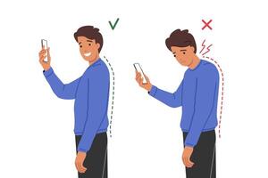 Neck clamp in man with poor posture due to frequent mobile phone use and digital addiction vector