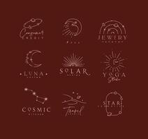 Flat elegance astrology labels with lettering in modern line style drawing with brown lines on red background vector