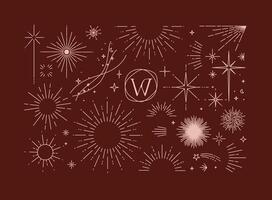 Set of flat design elements sun, sunset, sunbeams, stars borders, frame in modern line drawing with pink color lines on red background vector