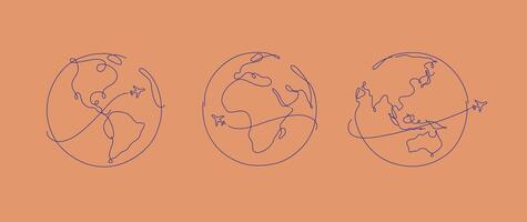 Hand drawing globe plane traveling in pen line style on salmon color background vector