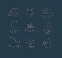 Flat elegance astrology labels with lettering in modern line style drawing with brown lines on blue background vector