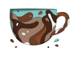 Decorative vivid cup with splash carved on white paper with brown abstract graphics on the background vector