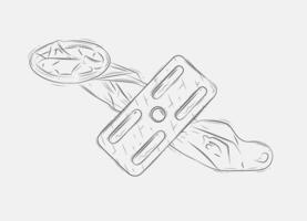 Unpacked condom and birth control pill composition drawing on grey background vector