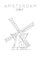 Poster windmill lettering amsterdam netherlands drawing in pen line style on white background vector