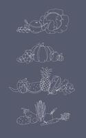 Fruits and vegetables mix illustration in pen hand drawing lines style on grey background vector