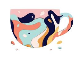 Decorative vivid cup with splash carved on white paper with colorful abstract graphics on the background vector