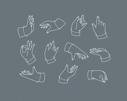 Set of renaissance hands with fingers icons in different positions drawing on grey background vector