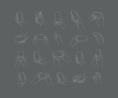 Set of hand phone in different positions and navigation drawing with thin lines on gray background. vector