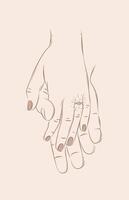 Hands of woman with ring and man holding each other and waiting for the wedding drawing on beige background vector