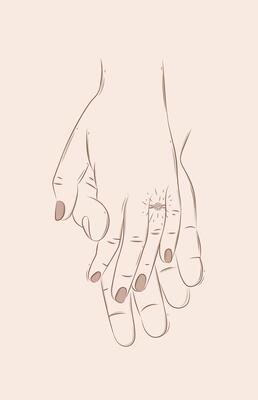 Hands of woman with ring and man holding each other and waiting for the wedding drawing on beige background