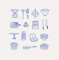 Set of kitchen tools and cooking icons drawing in handmade graphic primitive casual style on beige background. vector