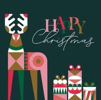 Poster deer and present box in cubism style with lettering happy christmas drawing on green background vector