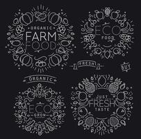 Set of flat fruits and vegetables monograms drawing with white lines on black background vector