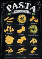 Poster set of pasta with different types of pasta fusilli, spaghetti, gomiti rigati, farfalle, rigatoni, tagliatelle spinaci fettuccine, ravioli in retro style stylized drawing with chalk. vector