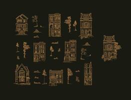 Set of houses and garden trees drawing in old fashioned vintage style on brown background. Mix your own composition. vector