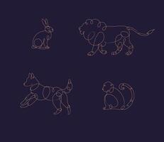 Set of animals rabbit, lion, dog, monkey drawing in pen line style on dark background vector
