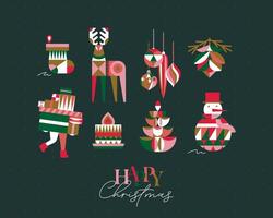 Set of Christmas symbols in cubism style sock, tree, cone, tree, decorations, snowman, candle drawing on green background vector