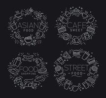 White linear flat food monograms on black background. Set of simple minimalist and modern templates. vector