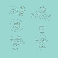 Coffee elements lines with lettering in pen hand drawing style on turquoise background vector