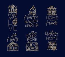Set of house signs different forms with lettering drawing in flat style on dark blue background vector